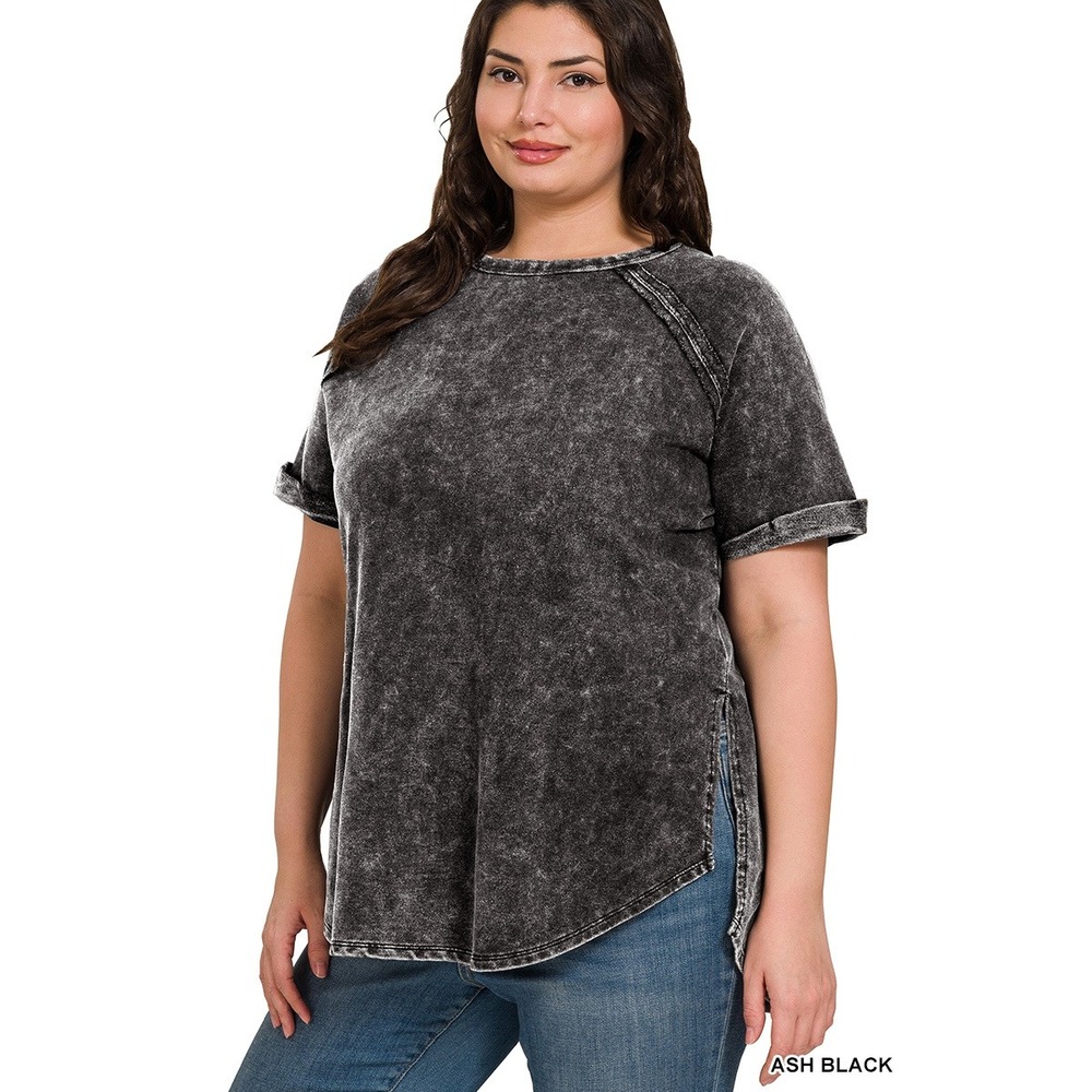 Zenana Pullover Top Women 2X Ash Black NWT Terry Acid Wash Short Cuff Sleeve